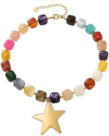 Star Colorful Beaded Choker Necklace Rainbow Y2K Beach Layered Jewelry | Amazon (US)