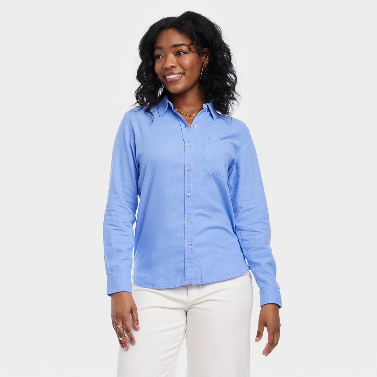 Women's Linen Long Sleeve Collared Button-Down Shirt - Universal Thread™ Blue XS | Target