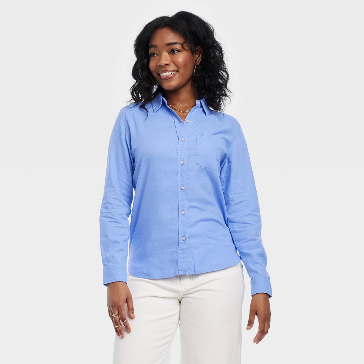 Women's Linen Long Sleeve Collared Button-Down Shirt - Universal Thread™ Pink Striped XS | Target
