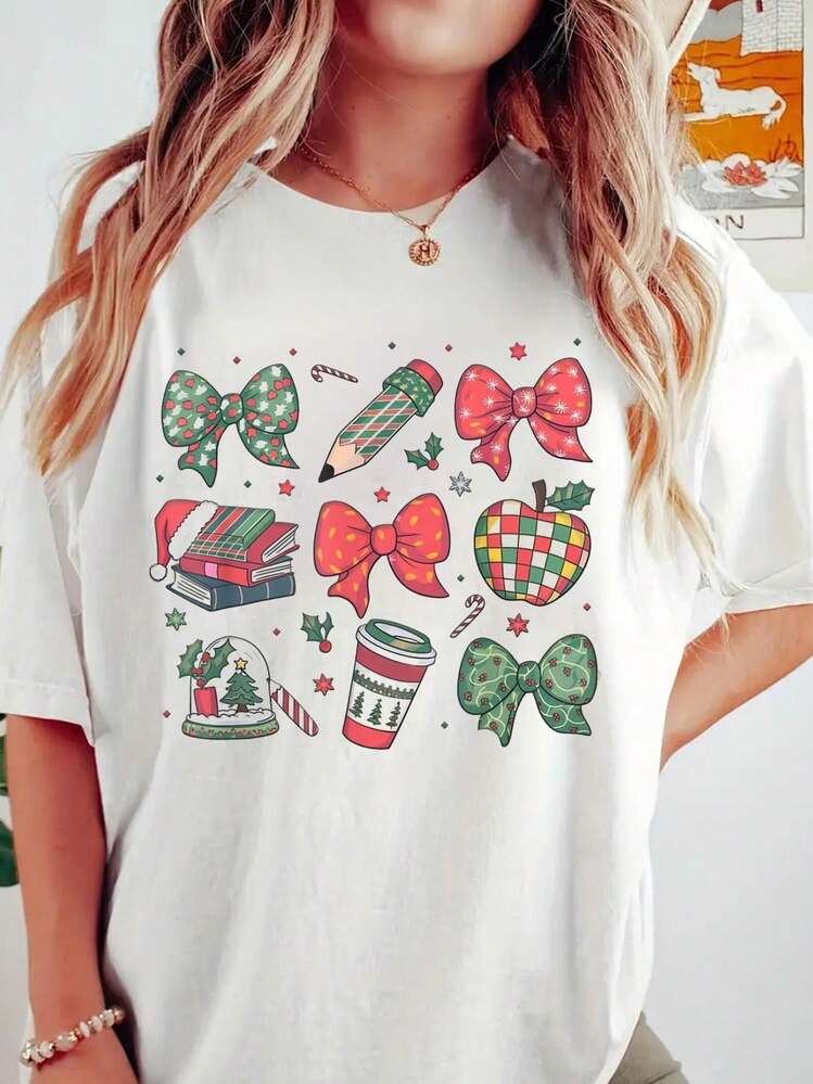 Coquette Bow Teacher Christmas Elementary School Xmas Winter T-Shirt | SHEIN