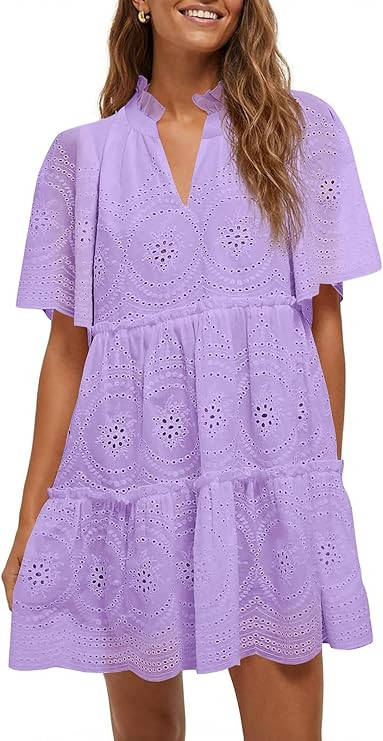Wenrine Womens Summer Eyelet Dress Short Sleeve Babydoll V Neck Hollow Out Lace Ruffle Casual Bea... | Amazon (US)