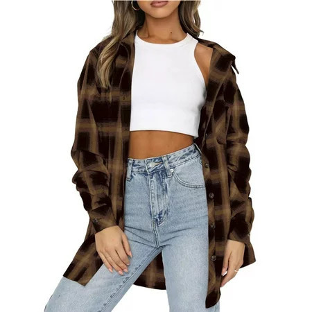 Jyeity Spring And Lapel Top Loose Buttoned Long Sleeve Plaid Shirt Jacket For Women Khaki Size XL(US:10) | Walmart (US)