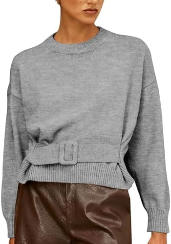 Women's Buckle Tie Sweaters Belted Crewneck Long Sleeve Knit Pullover Tops | Amazon (US)