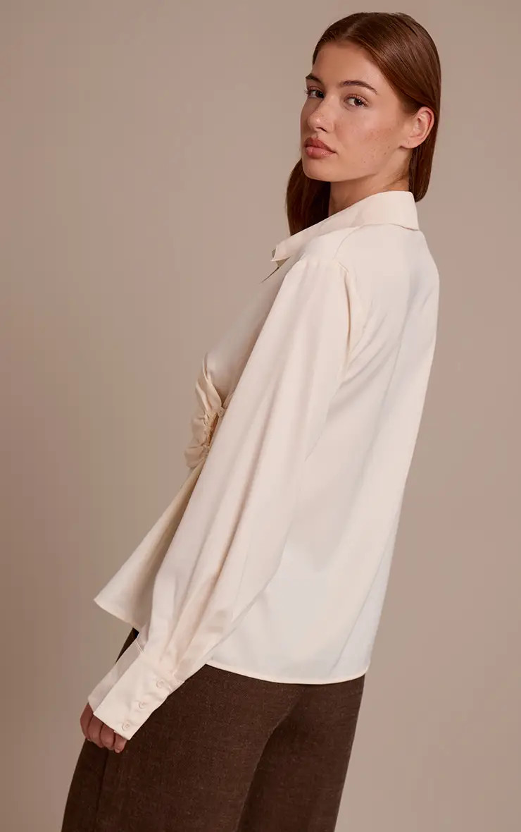 Cream Satin Drape Detail Long Sleeve Shirt | PrettyLittleThing UK