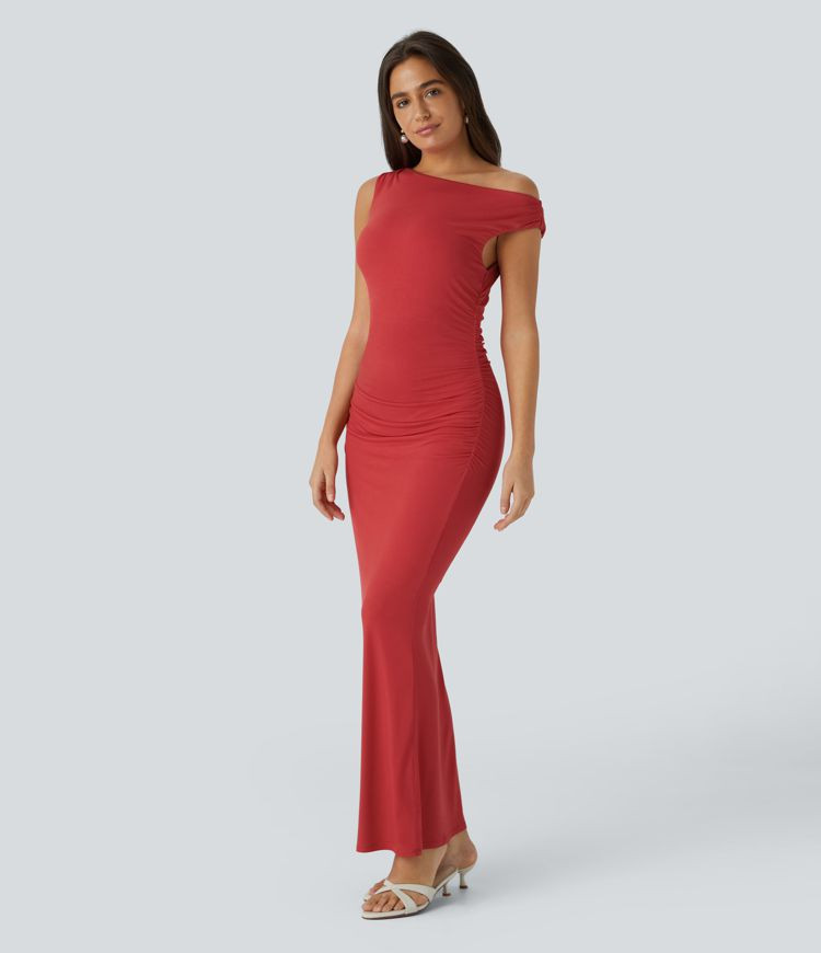 Women’s Off Shoulder Sleeveless Ruched Bodycon Maxi Party Built-in Mesh Shapewear Dress - Halar... | HALARA