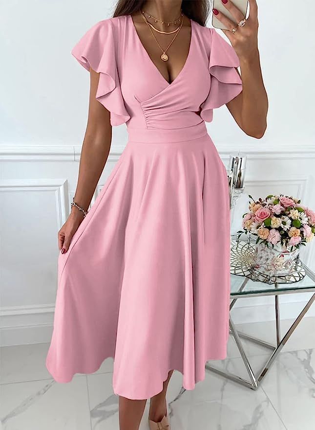 Amazon.com: Asvivid Women's Wedding Guest Dress Wedding Guest Dresses That Hide Belly Fat Pink S ... | Amazon (US)