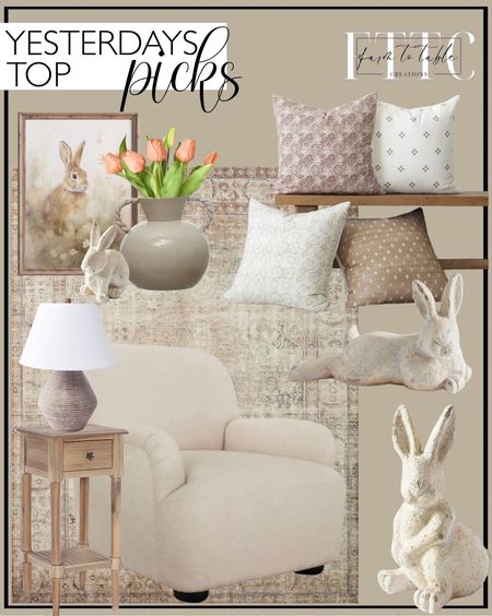 Yesterday’s Top Picks. Follow @farmtotablecreations on Instagram for more inspiration.

Better Homes & Gardens Waylen Accent Chair, by Dave & Jenny. Orange Sorbet Tulip Stem. Twisted Handles Vase. Natural Wood Coastal Compact Accent Table. Assembled Resin Table Lamp Tan - Threshold designed with Studio McGee. Loloi II Margot Antique/Sage 7'-6" x 9'-6" Area Rug. Woven Nook - Modern & Luxurious Decorative Boho Throw Pillow Covers - Durable Quality & Machine Washable - 100% Cotton Canvas - Dover Set - 4 Pack. Vintage Rabbit Printable, Rustic Easter Bunny, Farmhouse Easter Decor, Spring Bunny Wall Art, Vintage Rabbit Painting, Digital Download. Handcrafted Terracotta Bunny Sculptures. 

#LTKhome #LTKsalealert #LTKfindsunder50