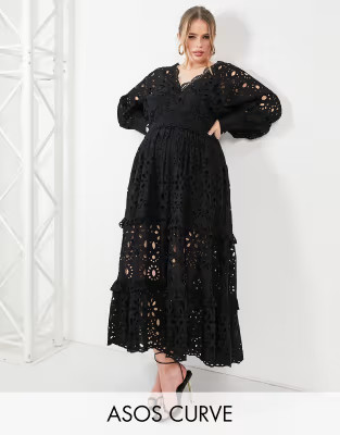 ASOS EDITION Curve v neck broderie midi dress with puff sleeve in black | ASOS (Global)