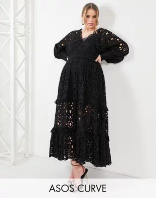 ASOS EDITION Curve v neck broderie midi dress with puff sleeve in black | ASOS (Global)