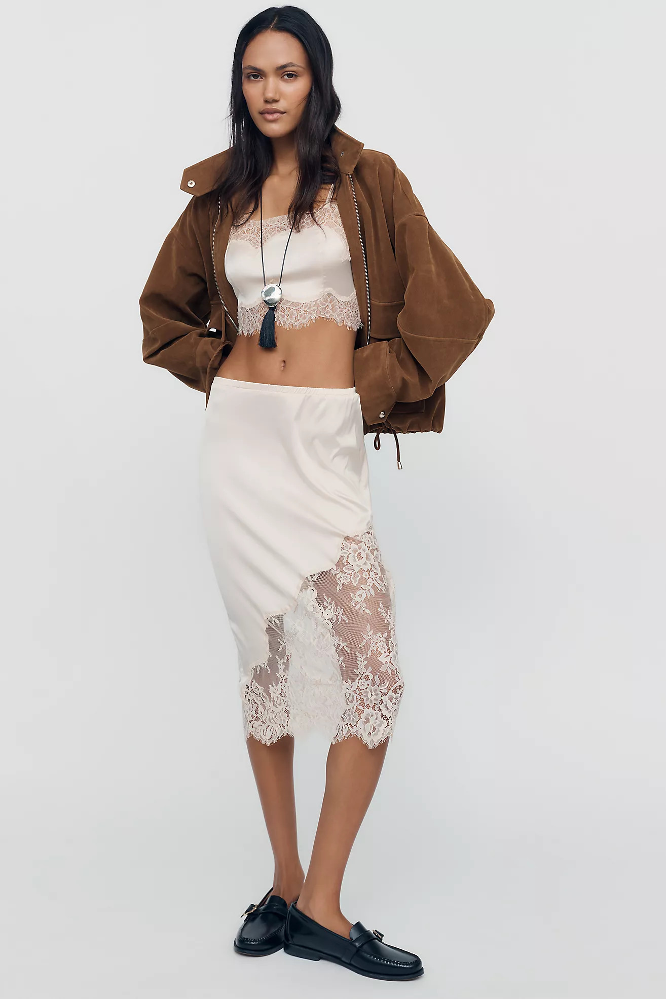 By Anthropologie Lace-Trim Midi Slip Skirt | Anthropologie (US)