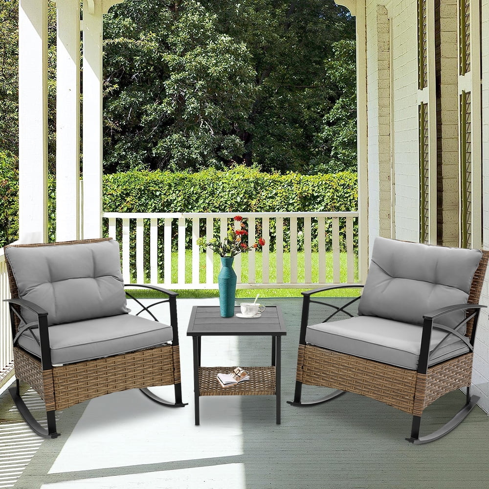 3 PCS Rocking Bistro Set, Outdoor Patio Porch Furniture Sectional Chairs with Tea Table, PE Ratta... | Walmart (US)