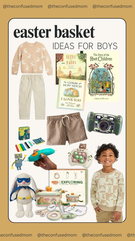 Easter basket ideas for boys! Easter sweaters and pants, Guess How Much I love You book, The Story of The Root Children book, Seeds and Trees book, kids camera, fidget toy game, striped boys shorts, 3D pen craft kit, superhero bunny plush, big catching kit. 

#LTKSeasonal #LTKfamily #LTKkids