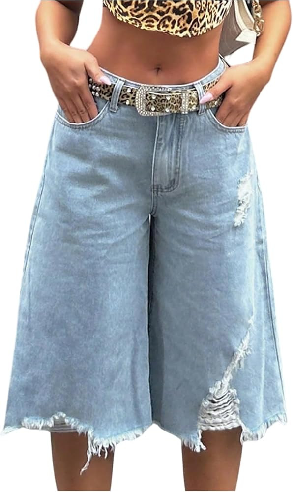 MakeMeChic Women's Fall Y2K Denim Bermuda Shorts Ripped Wide Leg Cropped Jeans Capris Pants | Amazon (US)