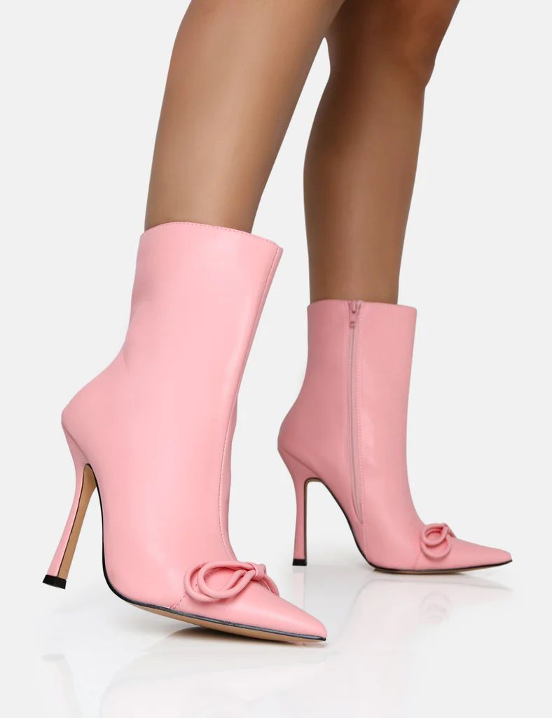 Rhia Pink Pu Bow Pointed Toe Stiletto Ankle Boots | Public Desire (US & CA)