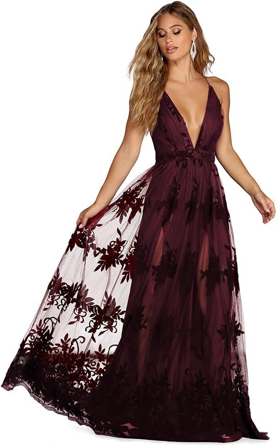 Windsor Long Formal Tulle Dress, V-Neck Floral Flocked-Velvet Long Formal Dress with High Front L... | Amazon (US)