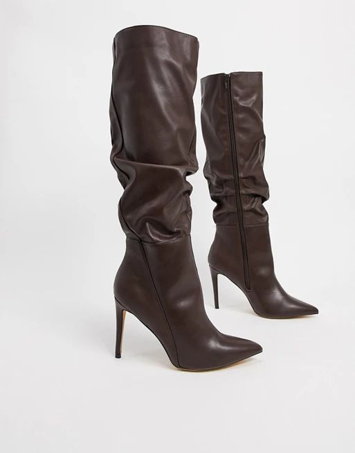 London Rebel pointed knee high boots in chocolate | ASOS (Global)