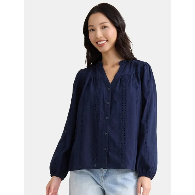 Time and Tru Women's Eyelet Embroidered Peasant Blouse, Sizes XS-XXXL | Walmart (US)