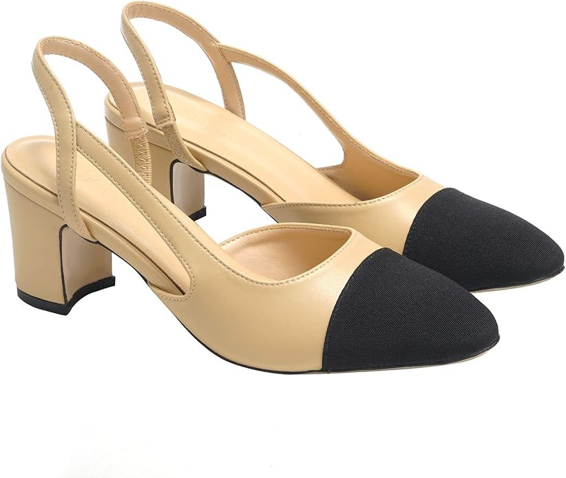 LEHOOR Chunky Heel Slingback Pumps Cap Toe Two Toned for Women, Mid Block Heel Almond Pointy Toe ... | Amazon (US)