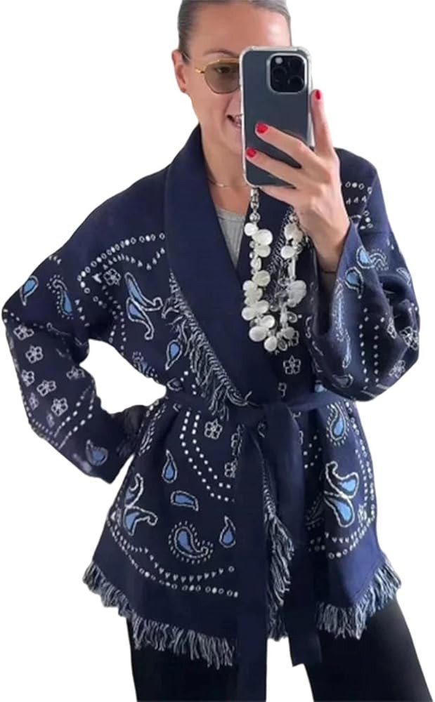 Women Tassel Patchwork Printed Cardigan Geometric Patterns Belts V-Neck Long Sleeve Knitted Sweat... | Amazon (US)