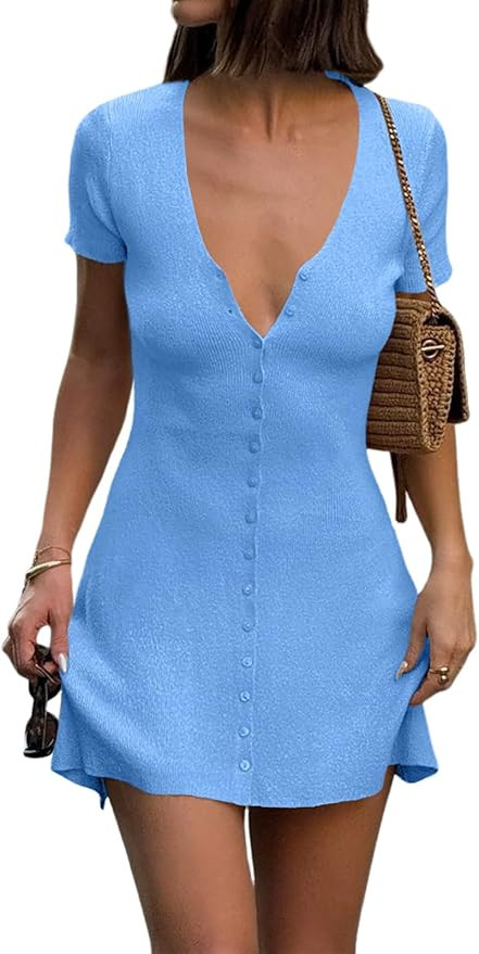 Saodimallsu Womens Short Sleeve Mini Dress V Neck Button Up Cardigan Sweater Summer Ribbed Knit F... | Amazon (US)