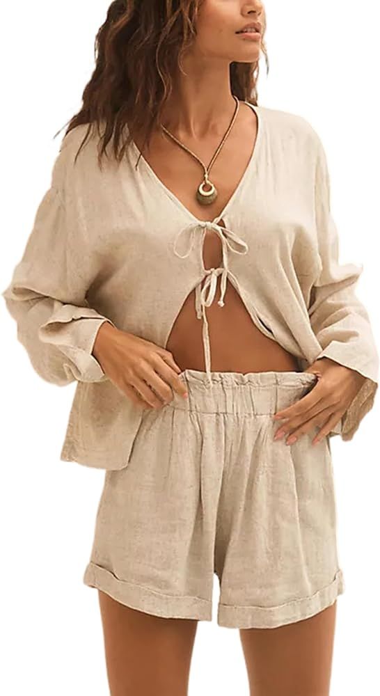 2 Piece Outfits For Women Long Sleeve Lace up Shirts Short Sets Summer Lounge Matching Sets with ... | Amazon (US)