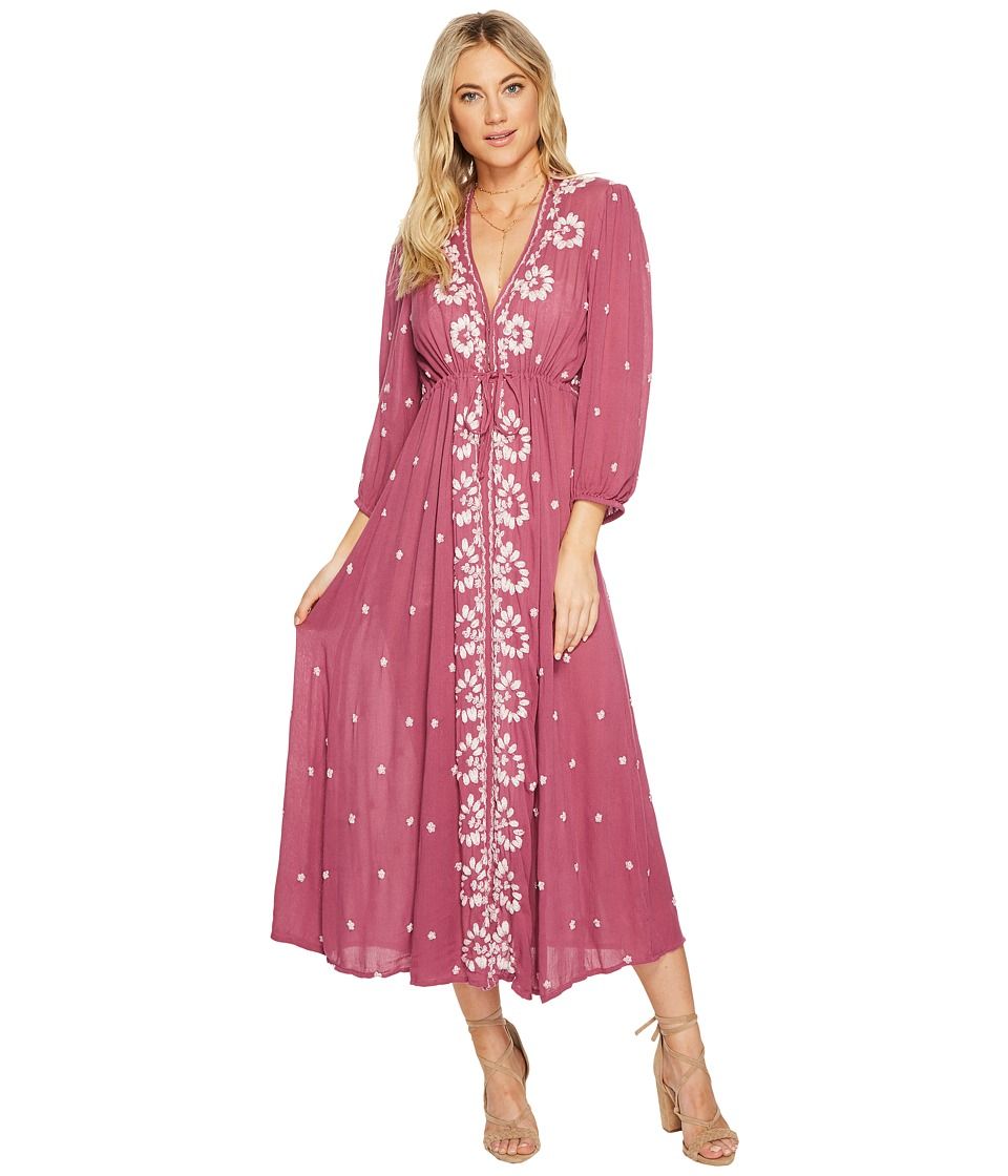 Free People - Embroidered V Maxi Dress (Raspberry) Women's Dress | Zappos