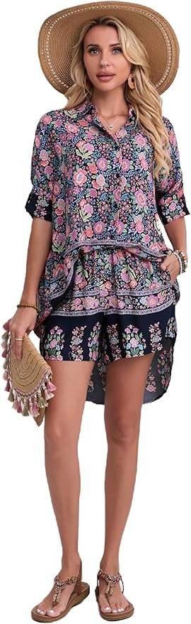 Women's Boho 2 Piece Outfit Floral Open Front Tropical Tunic Blouse and Shorts Set | Amazon (US)