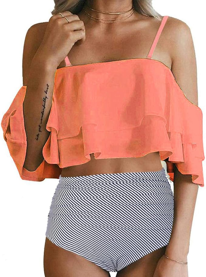 Tempt Me Women Two Piece Swimsuit High Waisted Bikini Off Shoulder Ruffle Bathing Suits | Amazon (US)