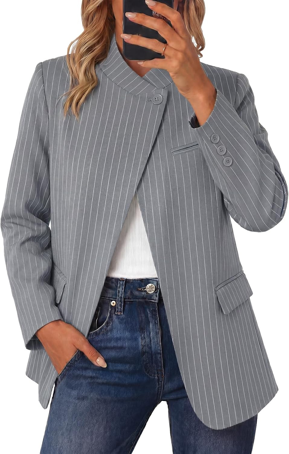 Cicy Bell Women Plaid Blazer Business Stand Collar Open Front Suit Jacket | Amazon (US)
