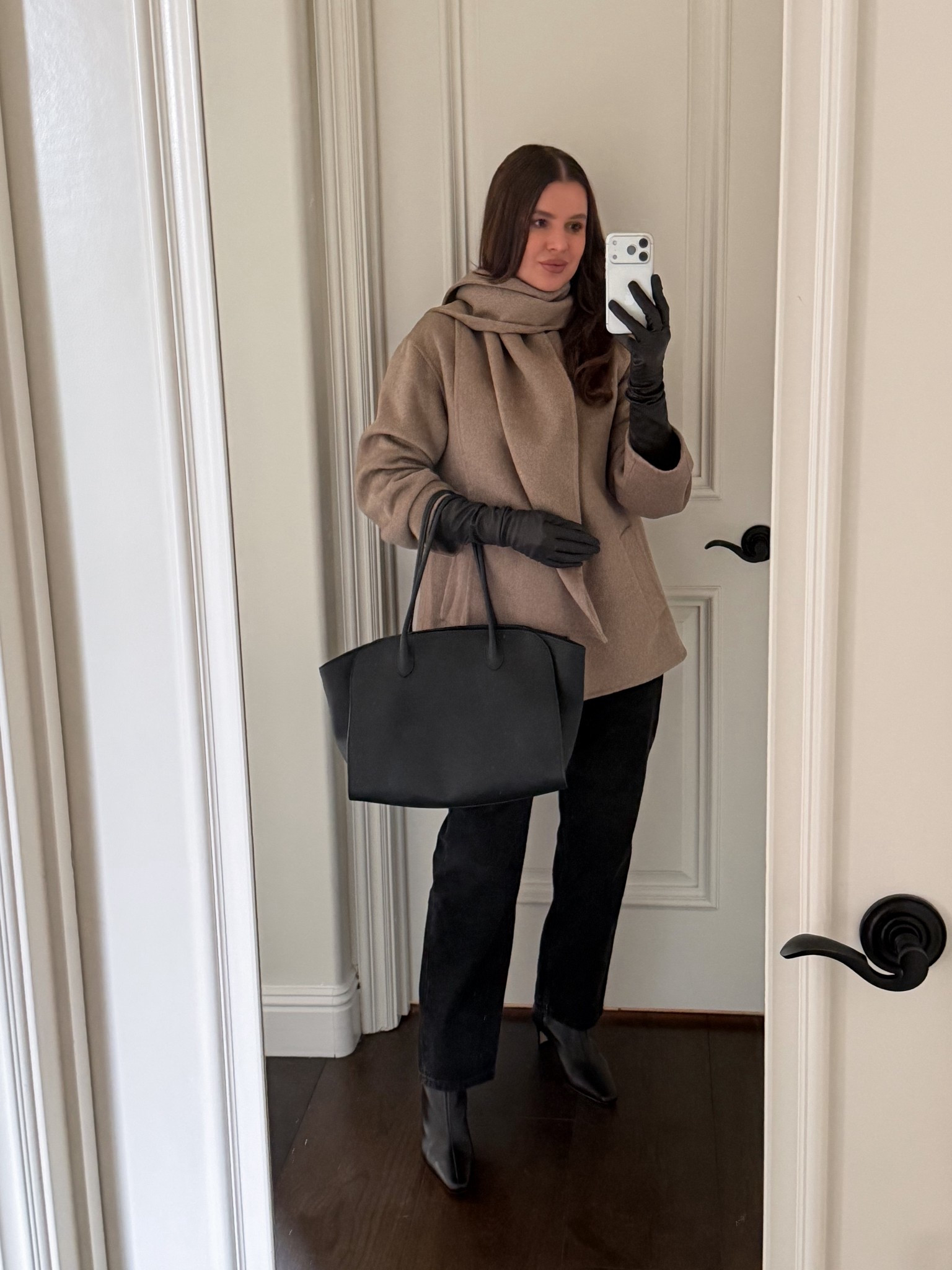 Styling this  warm & cozy craft coat with black denim, heeled booties, leather gloves and a classy black tote 
#scrafcoat #coat #winter #fall #denim #blackdenim #tote #boots #booties #gloves #leather #falloutfit 

#LTKFindsUnder100 #LTKWorkwear #LTKSeasonal