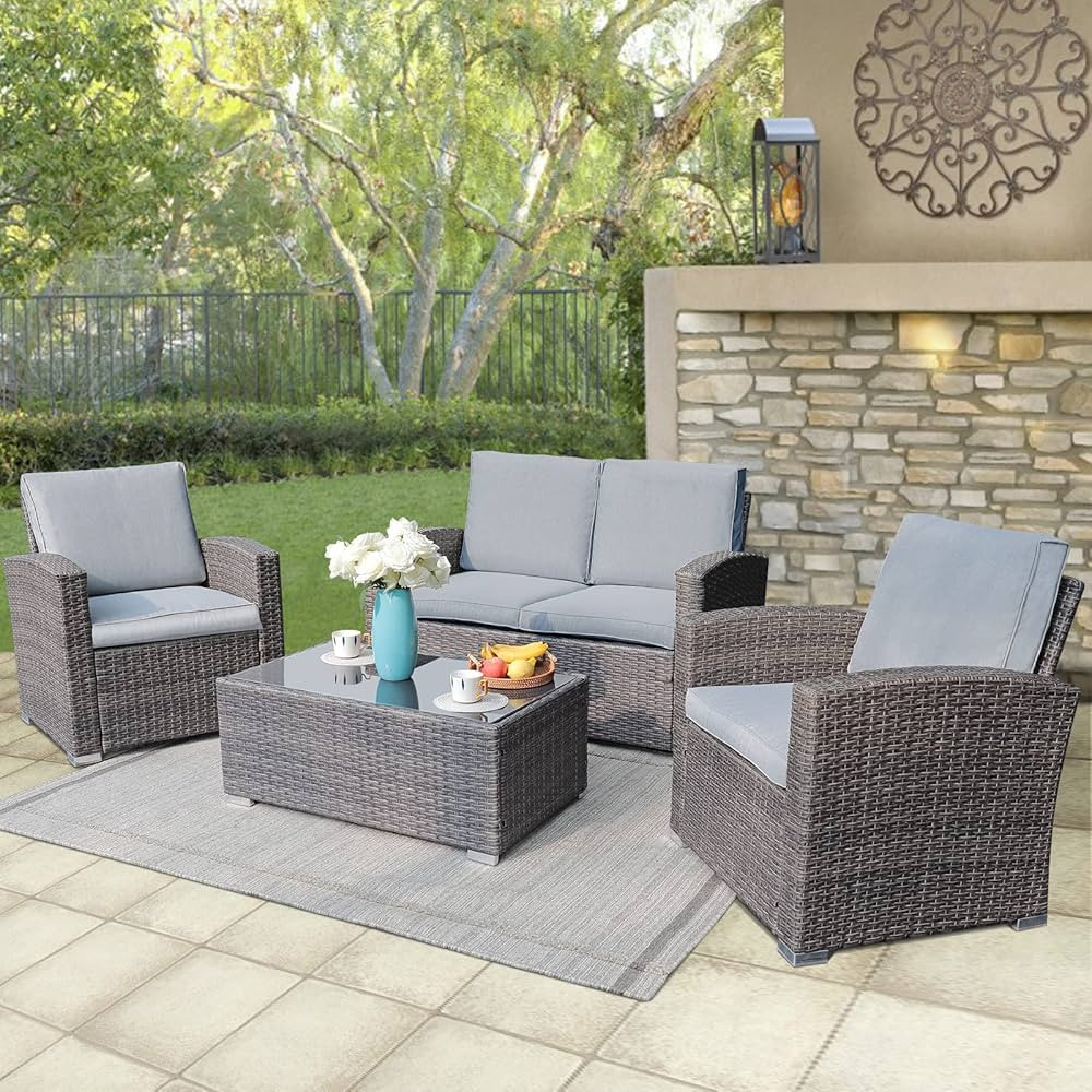 JOIVI Patio Furniture Set, 4 Piece Outdoor Patio Conversation Set, All-Weather PE Rattan Wicker S... | Amazon (US)