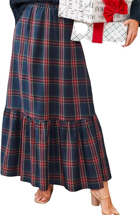 CUPSHE Women Skirts Plaid Ruffled Maxi Skirt Holiday High-Rise Waist Long Skirt | Amazon (US)