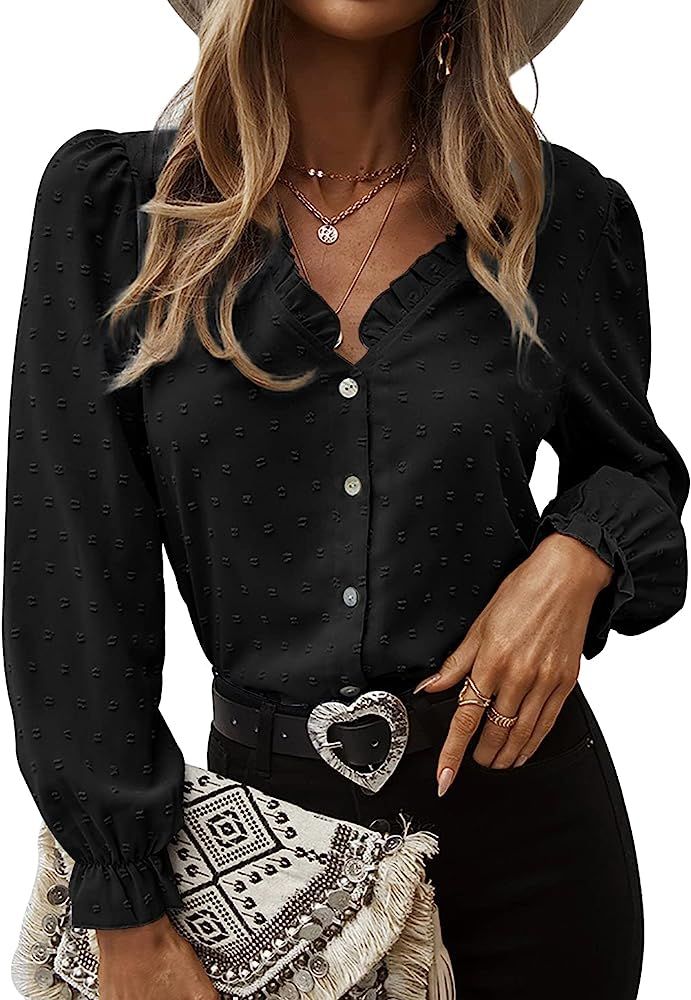 Klousilover Womens Long Sleeve Blouse Fall Ruffle V Neck Swiss Dot Button Down Shirts Business Ca... | Amazon (US)