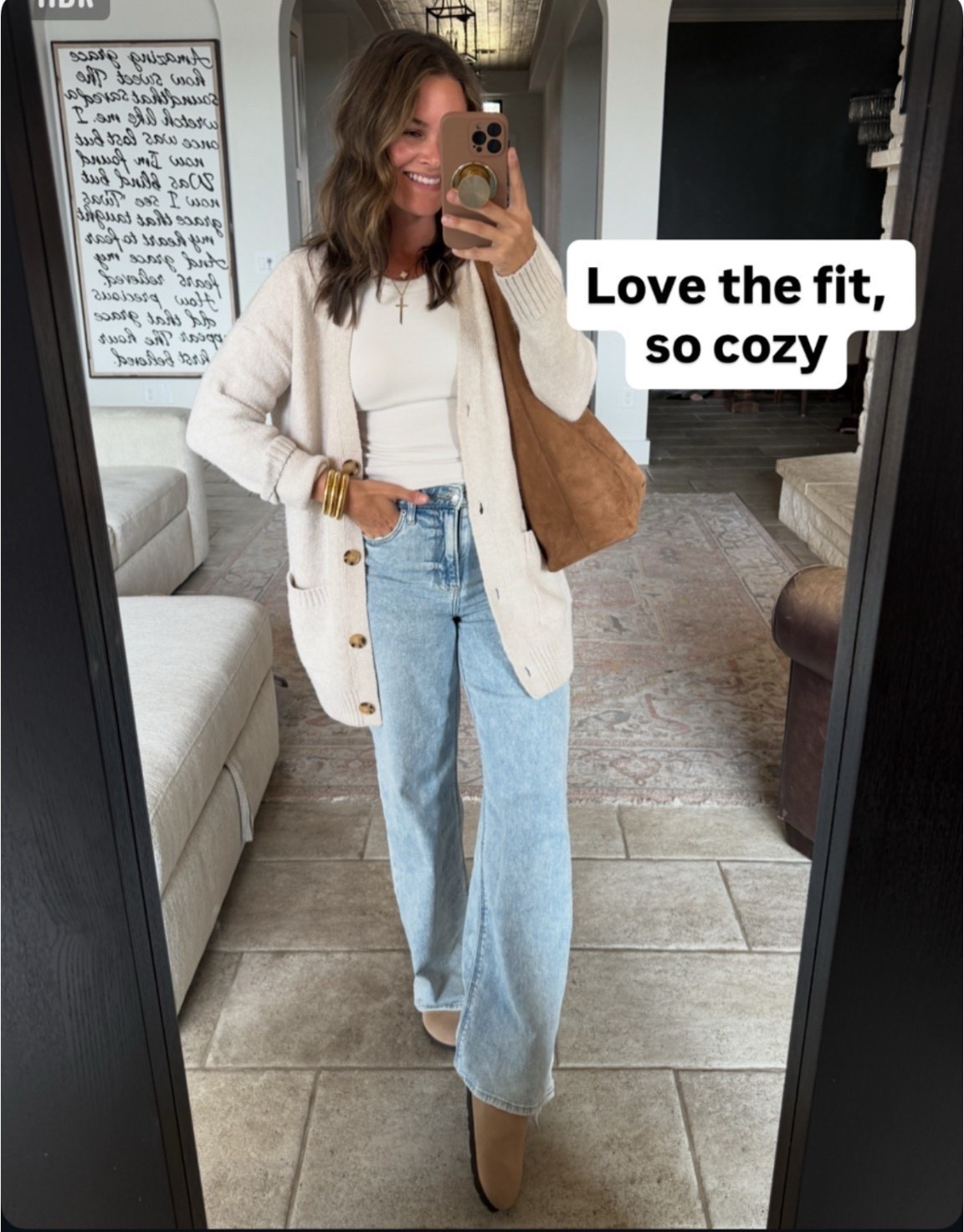 The cozy Walmart cardigan and some of my most comfortable jeans I go down a size in fhe jeans- #casualoutfit #cardigan #jeans #walmartfashion 

#LTKgrwm #LTKFindsUnder50 #LTKootd