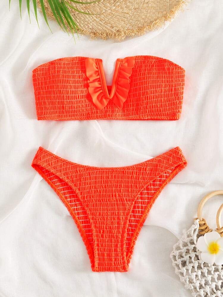 Smocked Ruffle Trim Bandeau Bikini Swimsuit | SHEIN
