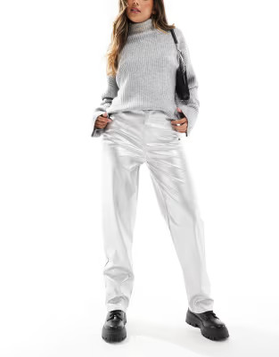 ASOS DESIGN faux leather straight leg trousers in silver | ASOS (Global)