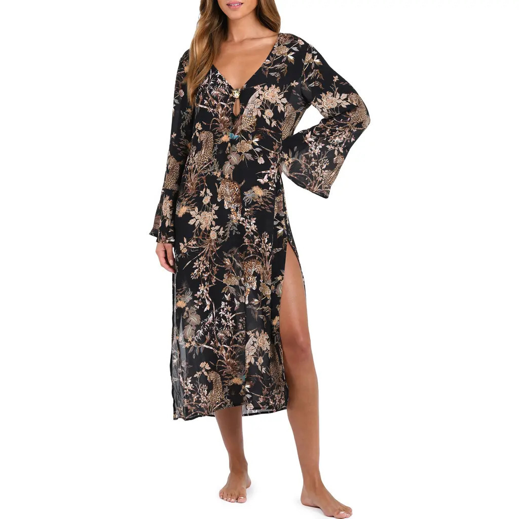 L'AGENCE Sara Jungle Long Sleeve Sheer Crepe Cover-Up Dress in Black at Nordstrom Rack, Size Large | Nordstrom Rack