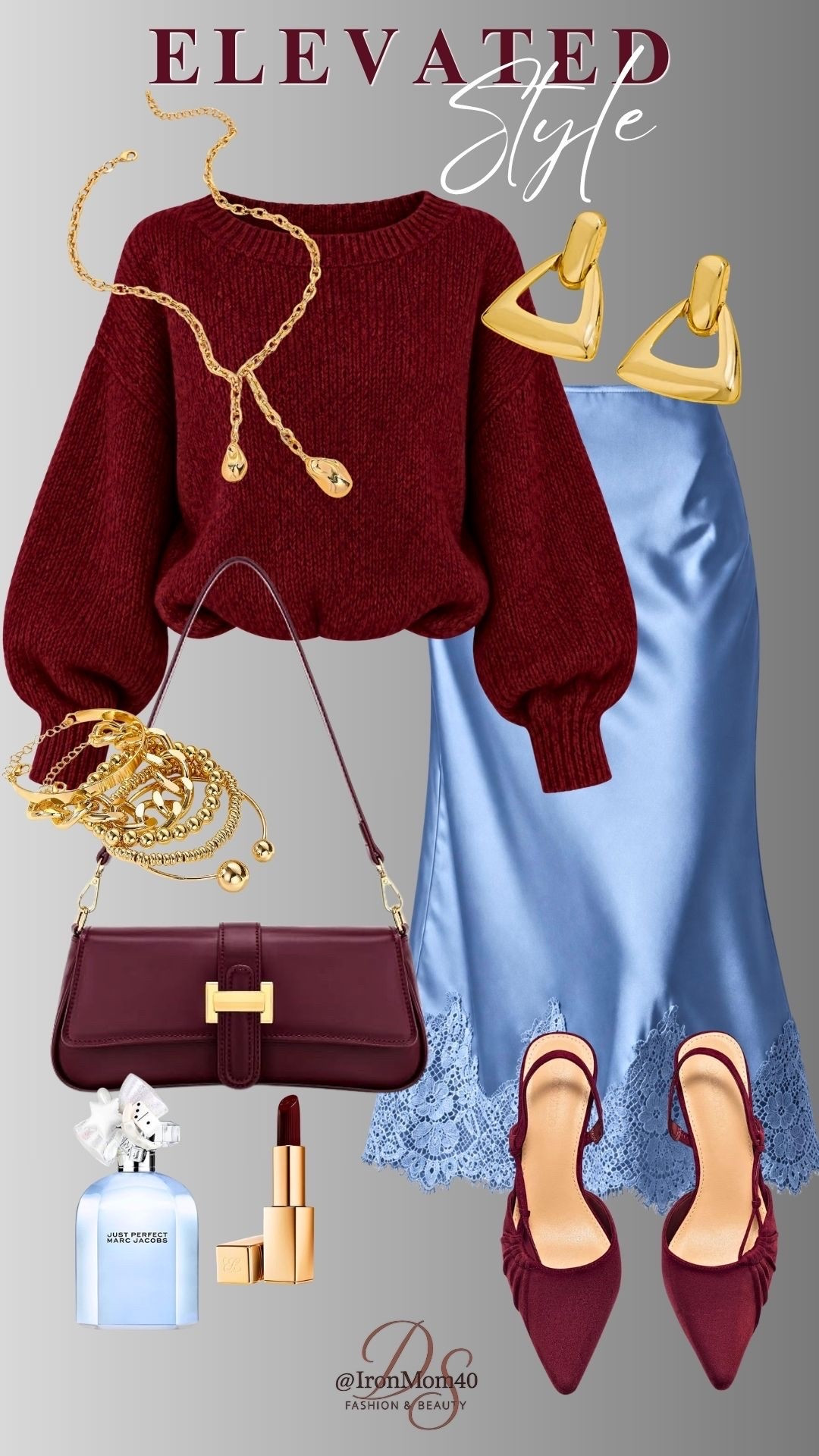 Elevated outfit idea in ice blue and burgundy