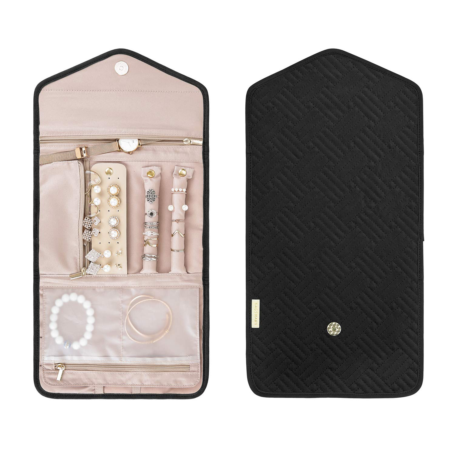 BAGSMART Travel Jewelry Organizer Roll Foldable Jewelry Case for Journey-Rings, Necklaces, Bracelets, Earrings, Black | Amazon (US)