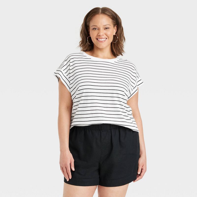 Women's Extended Shoulder T-Shirt - A New Day™ Black/White Striped XXL | Target