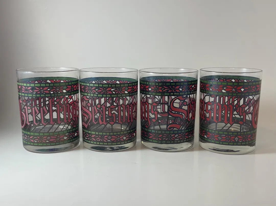 Vintage Houze Seasons Greetings Old Fashioned Glasses, Set of 4 Lowball Tumblers, Christmas Barwa... | Etsy (US)