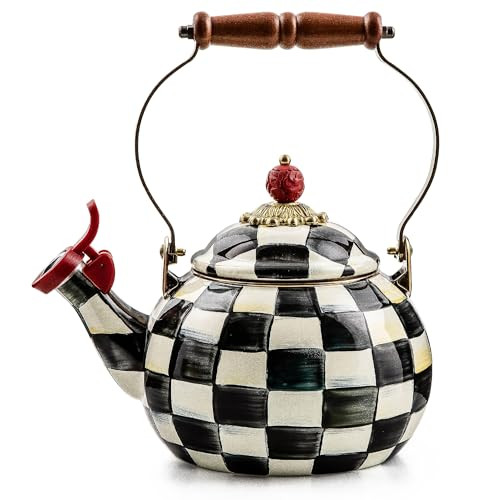 MACKENZIE-CHILDS Enamel Whistling Tea Kettle, Decorative Teapot for Stovetop, Black-and-White Courtly Check | Amazon (US)
