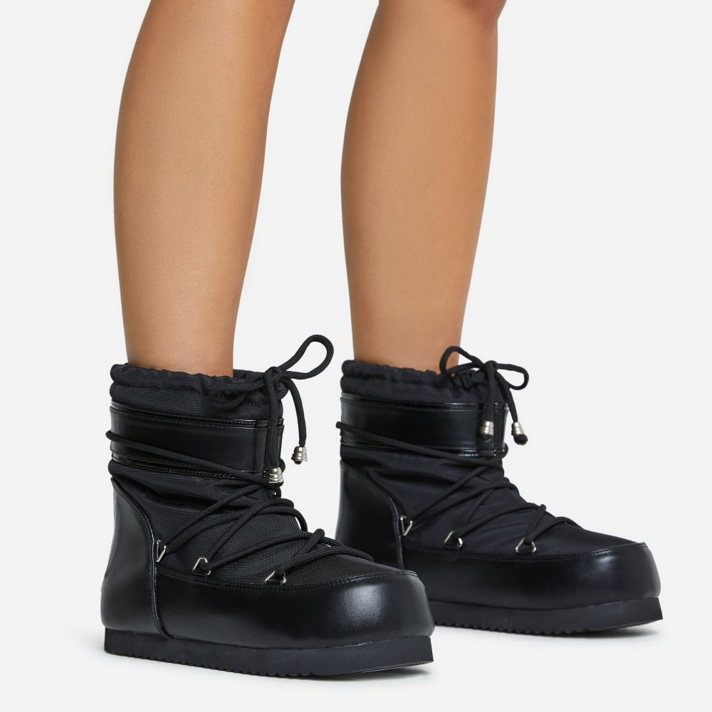 Elixir Lace Up Chunky Puffa Style Ankle Boot In Black Nylon | EGO Shoes (US & Canada)