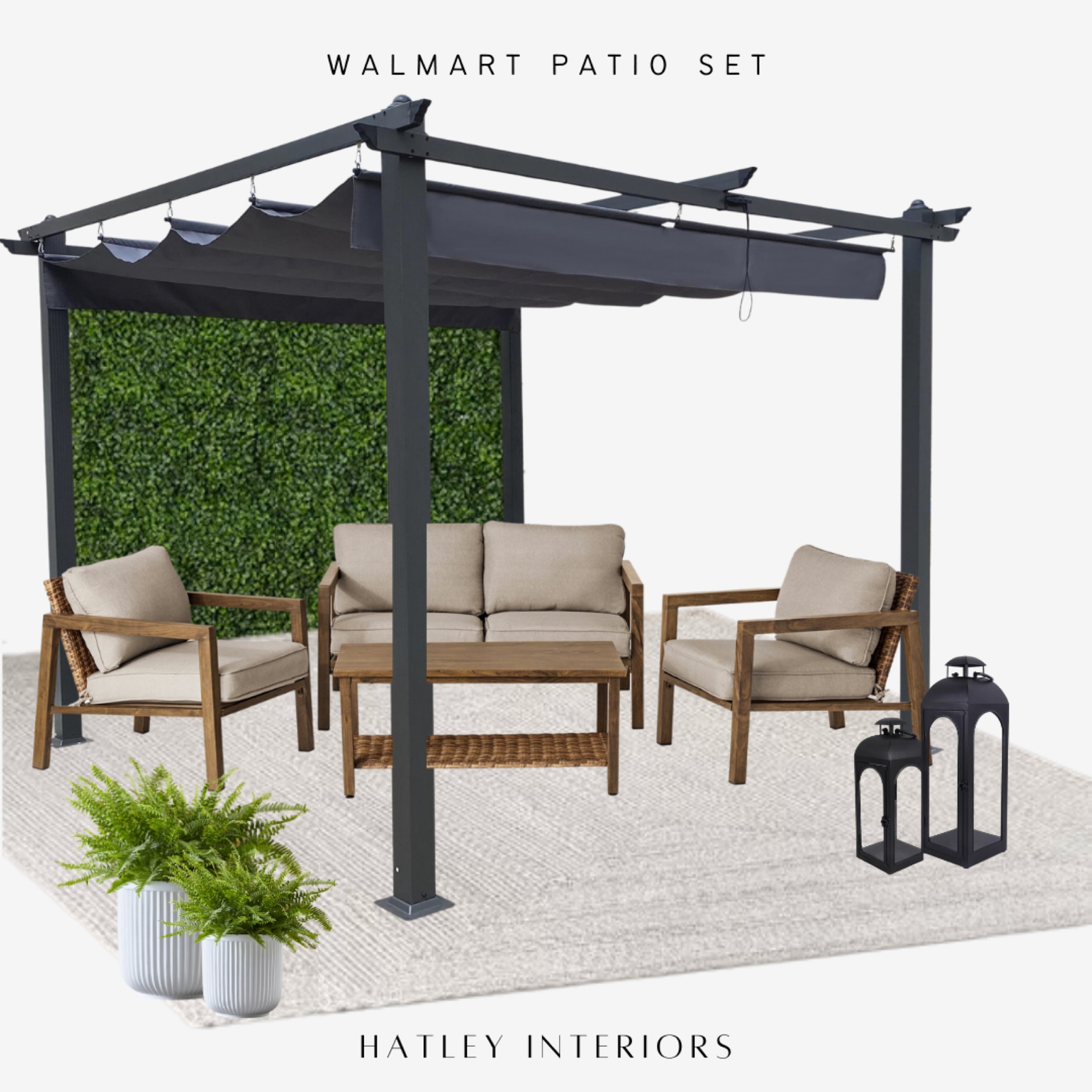outdoor patio set design —

walmart finds, outdoor patio decor, outdoor sofa, outdoor lounge chair, outdoor furniture, black outdoor canopy, black outdoor pergola, outdoor faux greenery wall, outdoor rug 

#LTKunder100 #LTKSeasonal #LTKhome