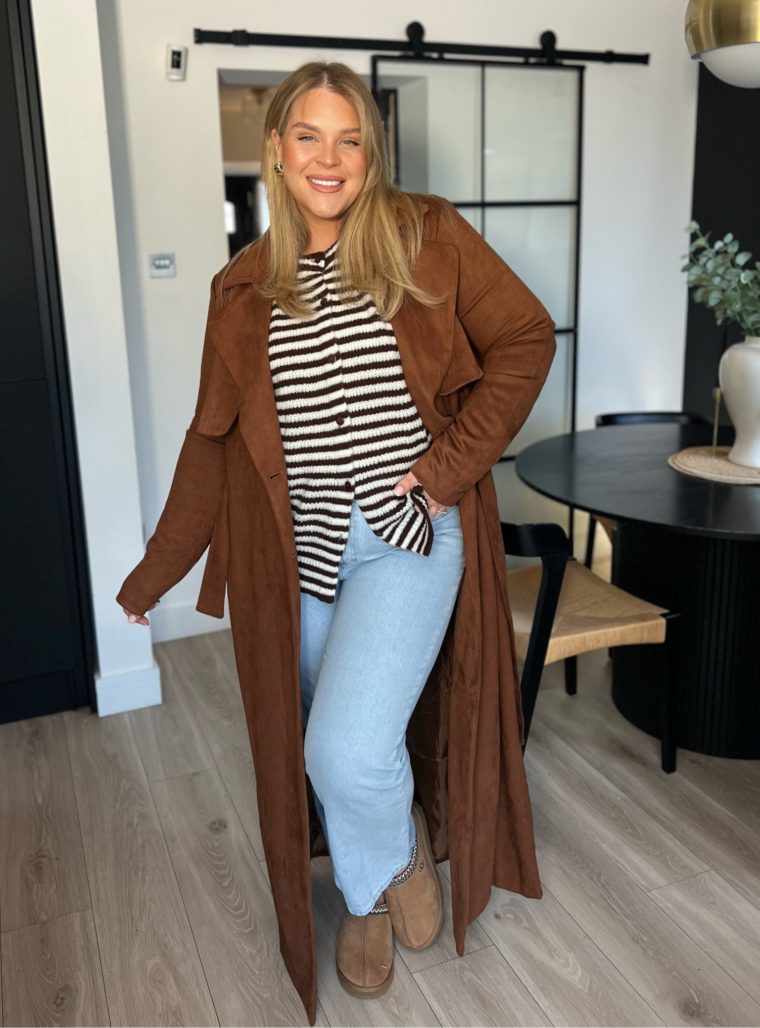 Maternity style. Pregnant style. Winter fashion. Winter style. Brown trench. Stripes. ASOS cardigan. Ugg Tasman. Comfy style. Casual style. Mum style. Curve fashion. 

#LTKcurves #LTKuk #LTKmaternity