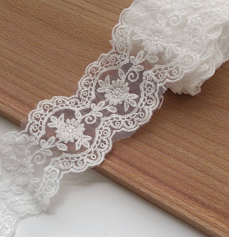 VIRFONOR White Floral Lace Ribbon 2.48 inch ,Vintage Embroidery Lace Trim for DIY Sewing , Gift W... | Amazon (US)