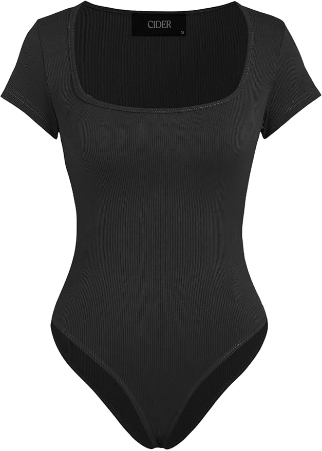 CIDER Women's French Riviera Vacation Solid Square Neck Short Sleeve Bodysuit | Amazon (US)