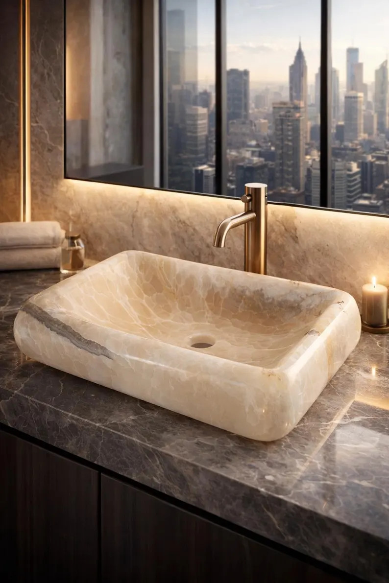 White Onyx Rectangular Vessel Sink 15.7 x 11.8 x 4.7 inches | Natural Stone Bathroom Sink | Luxur... | Etsy (US)