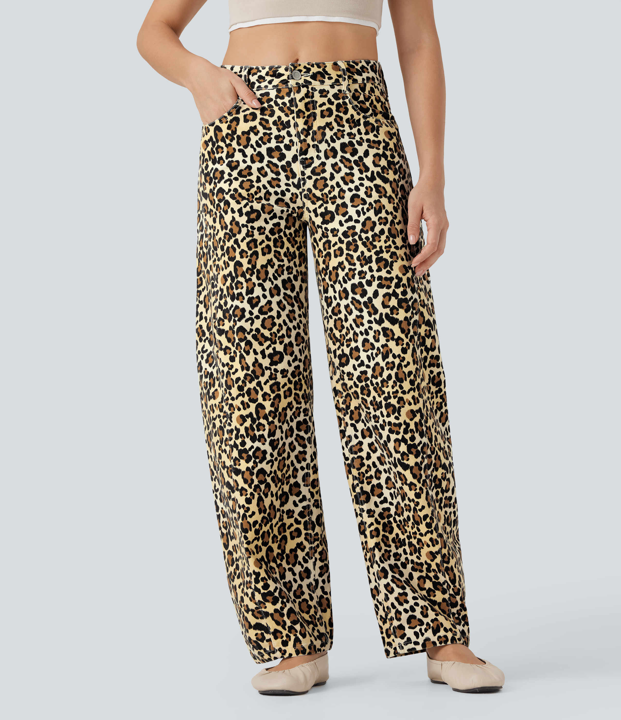 Halara Halara Flex™ Mid Rise Leopard Casual Barrel Leg Jeans with Pockets  - Sand Leopard Denim - L(regular) | HALARA