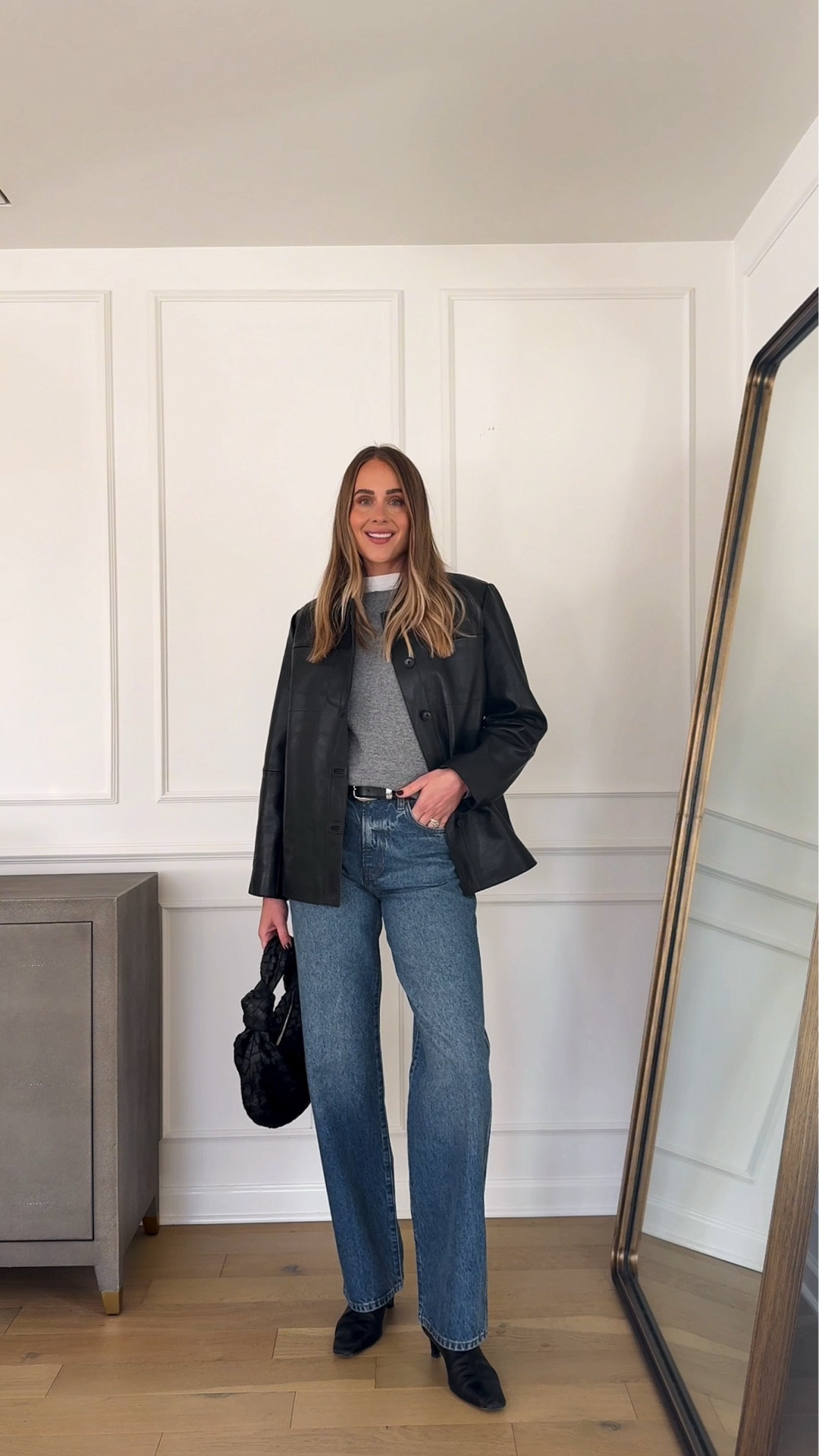 Fashion Jackson, black leather jacket (medium) grey cashmere sweater (small), straight leg jeans @nordstrom #nordstrompartner 

#LTKStyleTip #LTKOver40 #LTKootd
